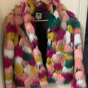 Milly Minis Multicolor Faux Fur Pea Coat in Pink, Green & Yellow